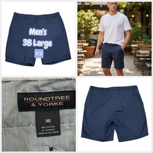 Men's Roundtree & Yorke 38 Golf Chino Khakis Shorts Navy Flat Front Lightweight